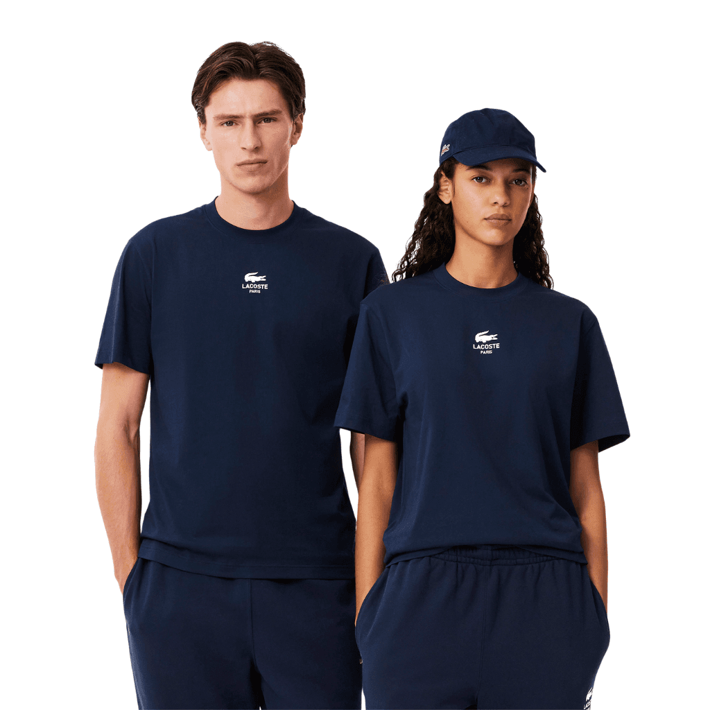 Lacoste Signature Brand Print Cotton T-Shirt Navy Blue