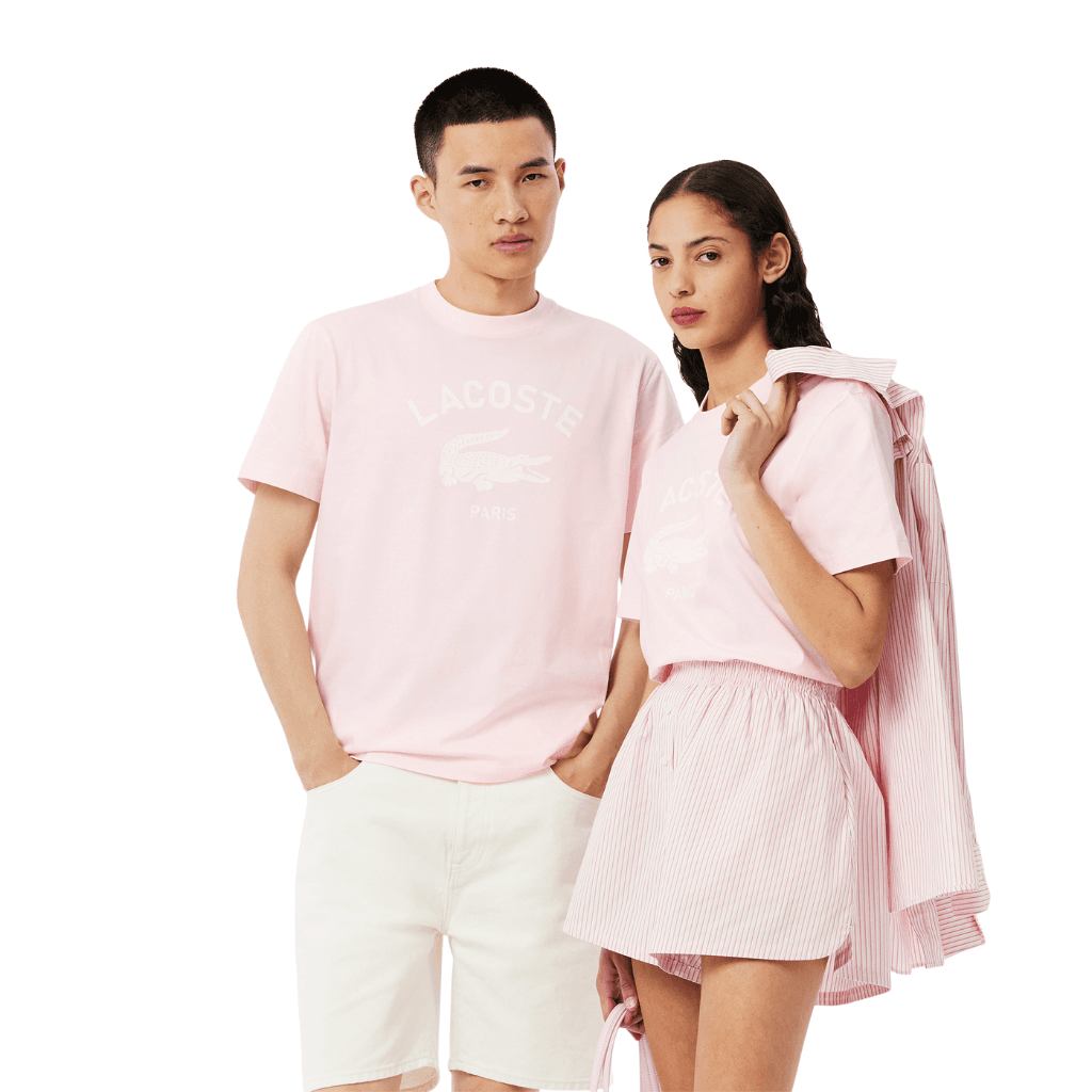 Lacoste Signature Print Cotton T-Shirt Flamingo