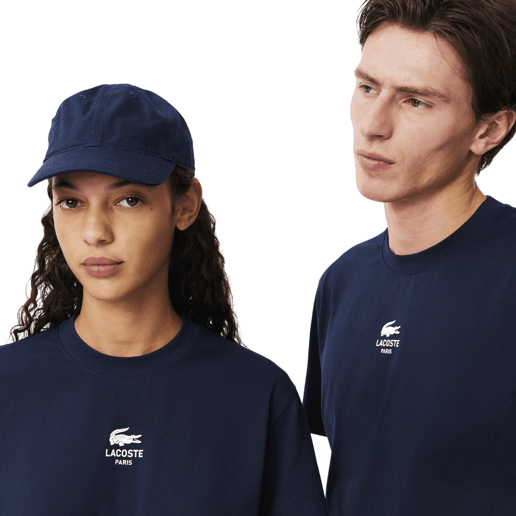 Lacoste Signature Brand Print Cotton T-Shirt Navy Blue